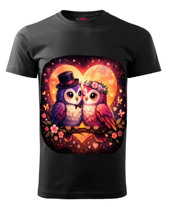 Black printed Eulen- Unisex T-Shirts Kurzarm aus Baumwolle