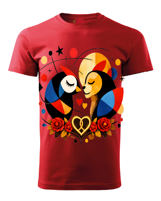 Red printed Birds- Unisex T-Shirts Kurzarm aus Baumwolle Red