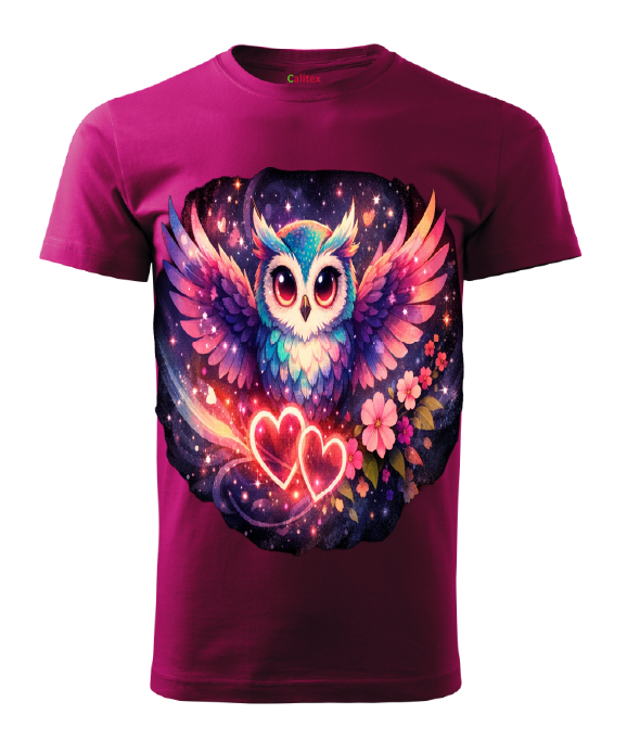 Printed Unisex T-Shirts Kurzarm aus Baumwolle- Fuchsia Red- Eule Motiv